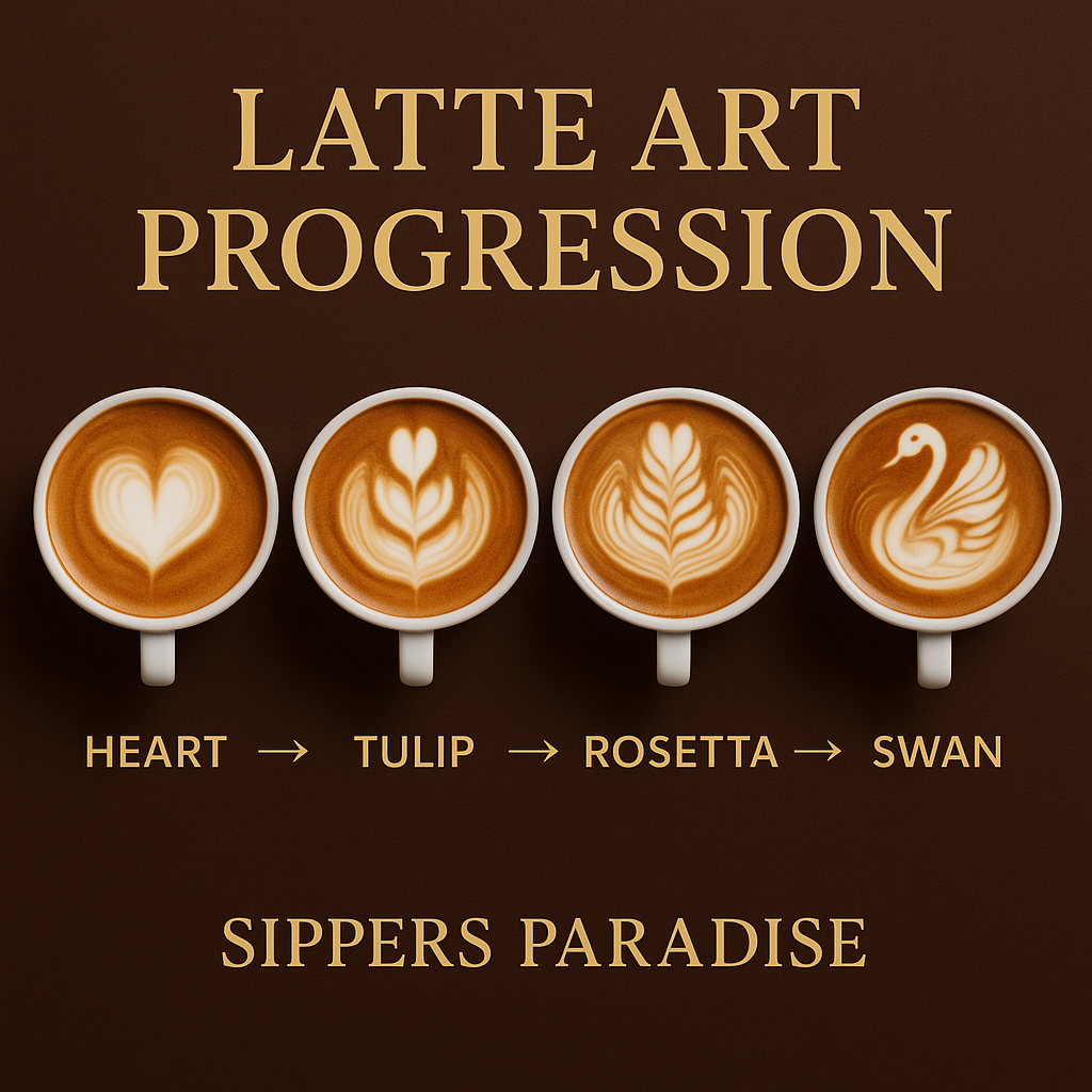 Latte Art Progression: Heart → Tulip → Rosetta → Swan